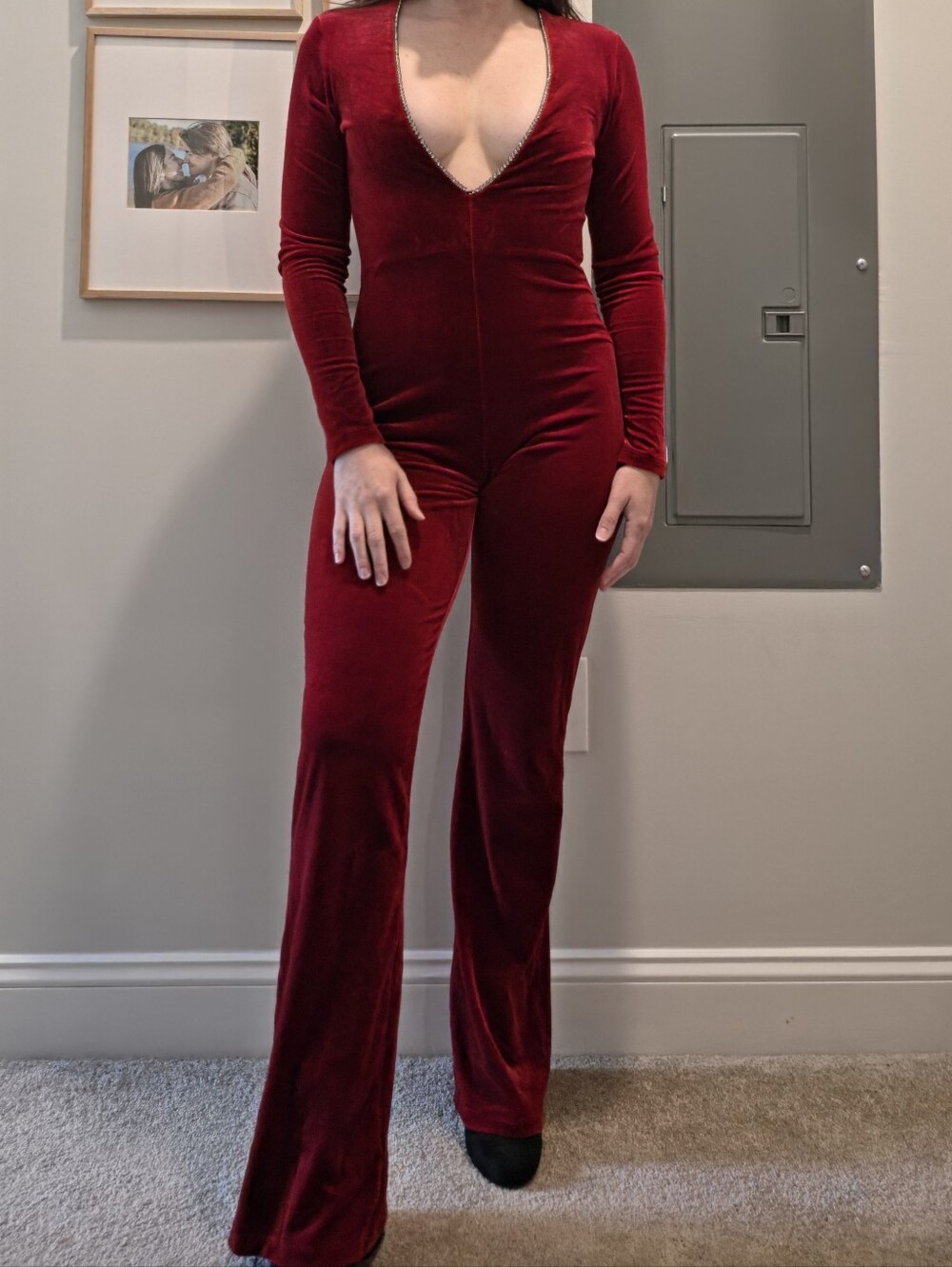 Frederick's of Hollywood Red Velvet Velour Plunging Open Back Flare Jumpsuit